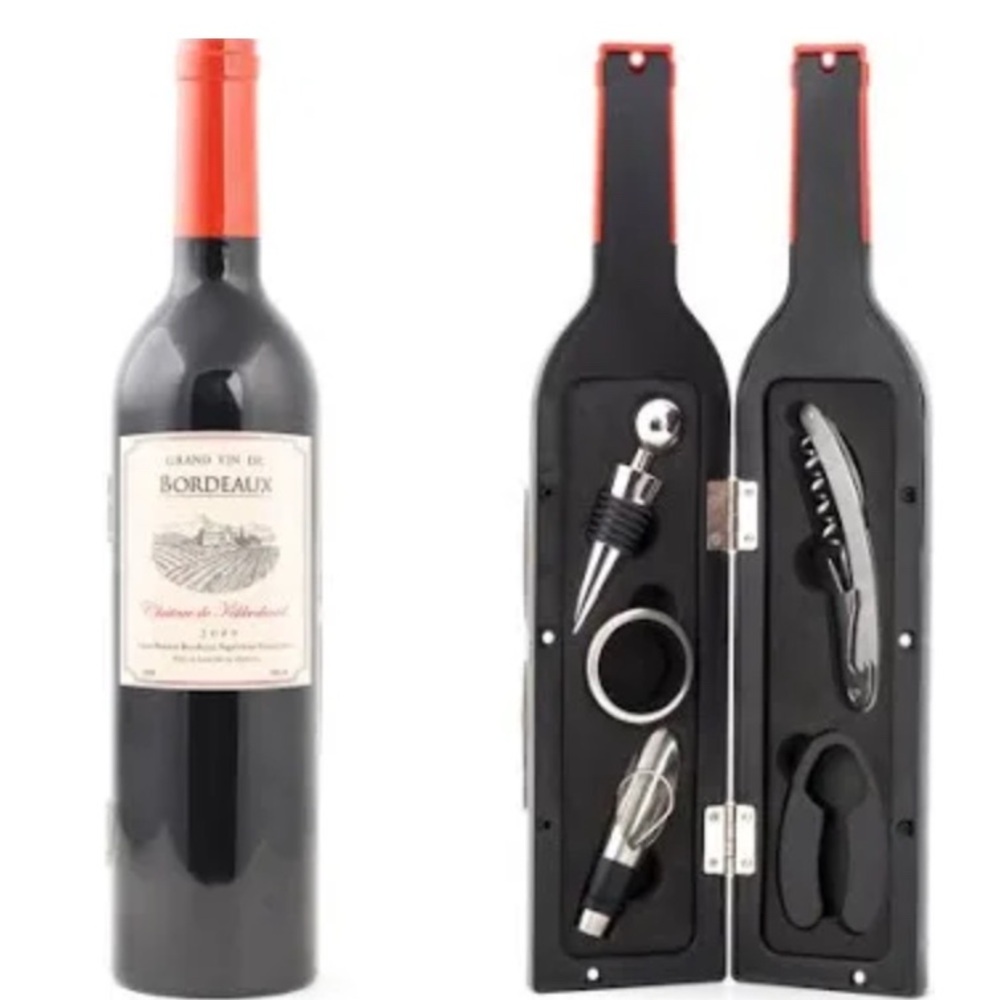 Kikkerland 5-piece wine kit-corkscrew/drip-stop ring/pourer/– seal cutter-NWT